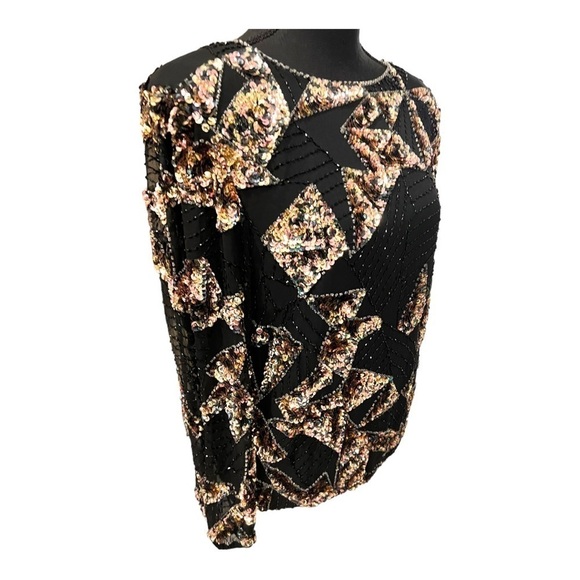 Vintage Oleg Cassini Black Silk Rayon Sequin Top Small - Picture 4 of 13